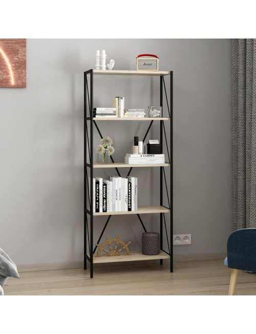 Libreria nera e rovere Axel 62x26x150H – Stile industriale e funzionalità per ogni ambiente