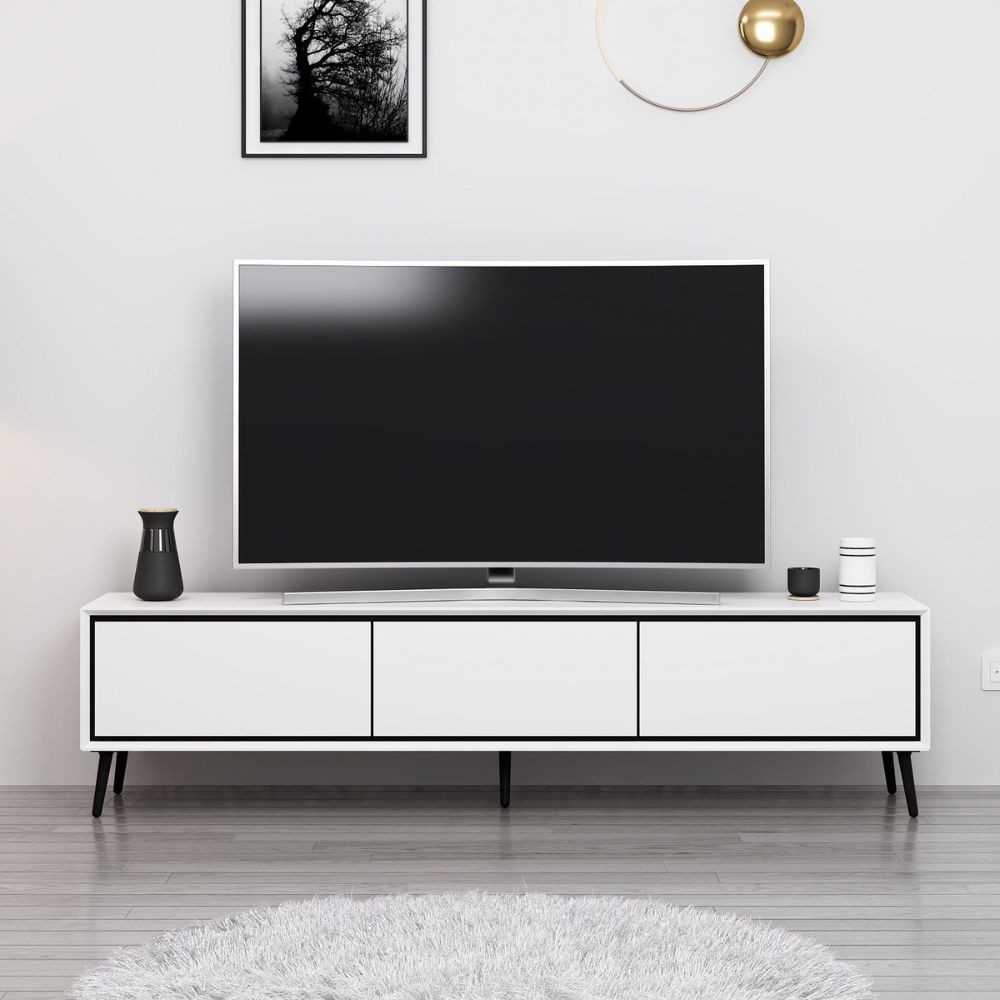 Porta TV Mandy bianco 180x35x45H con 3 ante e piedi neri