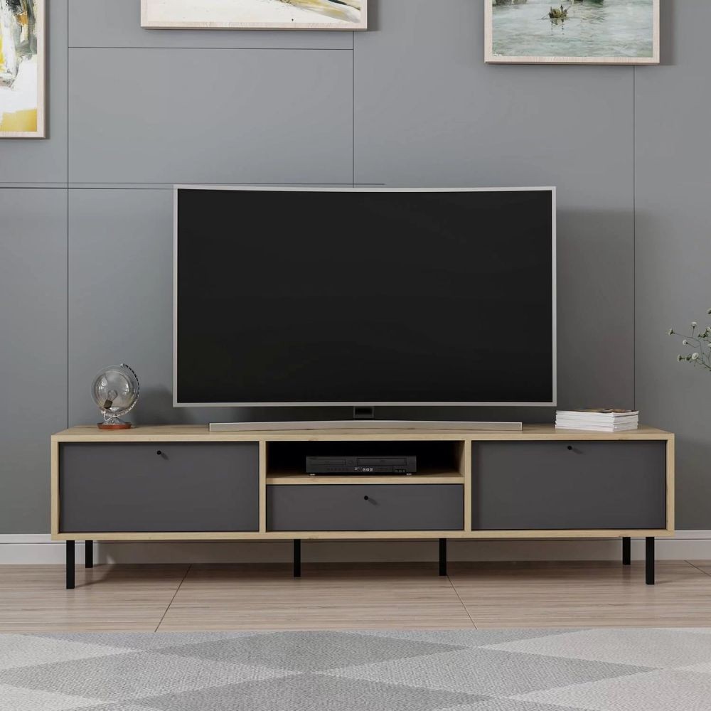 Porta TV Lida antracite e rovere 180x40x45H con 3 ante e vano a giorno