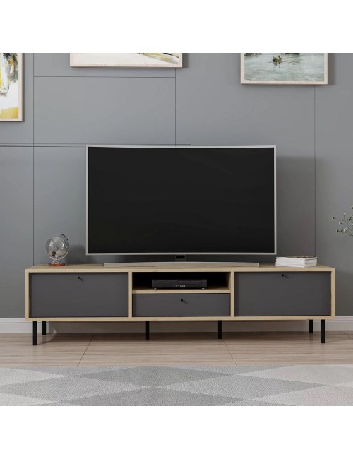 Porta TV Lida antracite e rovere 180x40x45H con 3 ante e vano a giorno