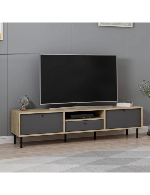 Porta TV Lida antracite e rovere 180x40x45H con 3 ante e vano a giorno