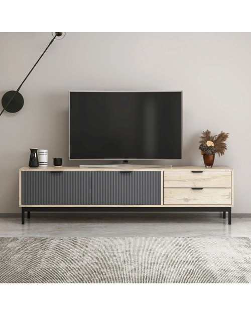 Mobile porta TV Esta rovere chiaro e antracite con effetto cannettato 180x35x47H