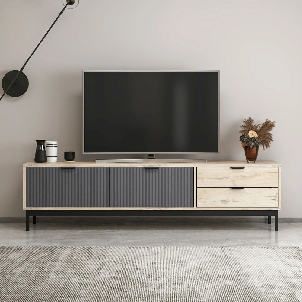 Mobile porta TV Esta rovere chiaro e antracite con effetto cannettato 180x35x47H
