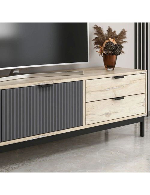 Mobile porta TV Esta rovere chiaro e antracite con effetto cannettato 180x35x47H