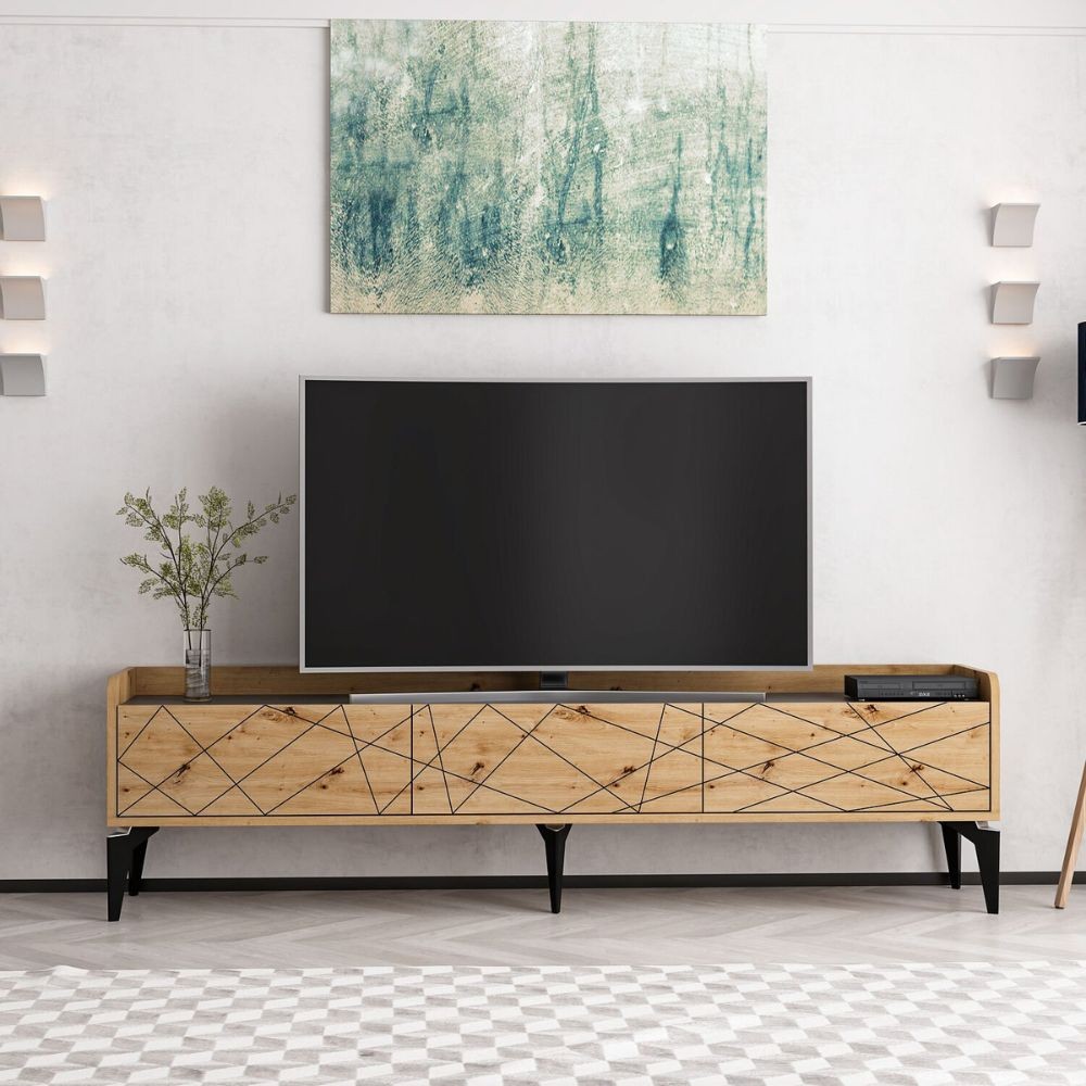 Mobile porta TV Raya rovere nodato 180x35x49H: Stile Geometrico e raffinatezza per un soggiorno di tendenza
