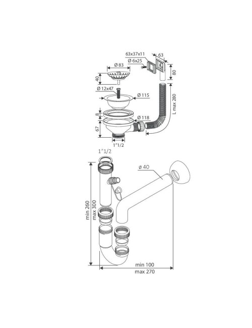 Sifone lavello 1 via attacco 1” ½ con pilettone ECO e scarico lavastoviglie S471710