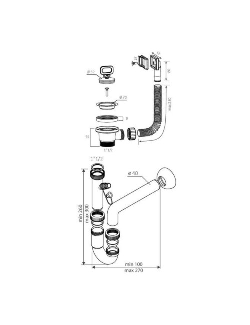 Sifone lavello 1 via attacco 11/4 con piletta da 2" e scarico lavastoviglie SIFONE1V114