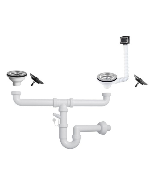 Sifone lavello a quarzo 2 vie attacco 1” ½ con pilettone ECO troppopieno rettangolare griglia inox SIFONEQUA