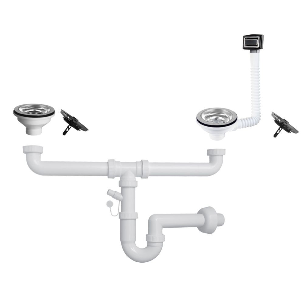 Sifone lavello a quarzo 2 vie attacco 1” ½ con pilettone ECO troppopieno rettangolare griglia inox SIFONEQUA