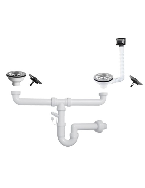 Sifone lavello a quarzo 2 vie attacco 1” ½ con pilettone ECO troppopieno rettangolare griglia inox SIFONEQUA