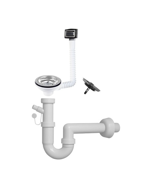 Sifone lavello a quarzo 1 via attacco 1” ½ con pilettone ECO troppopieno rettangolare griglia inox SIFONEQUA1V