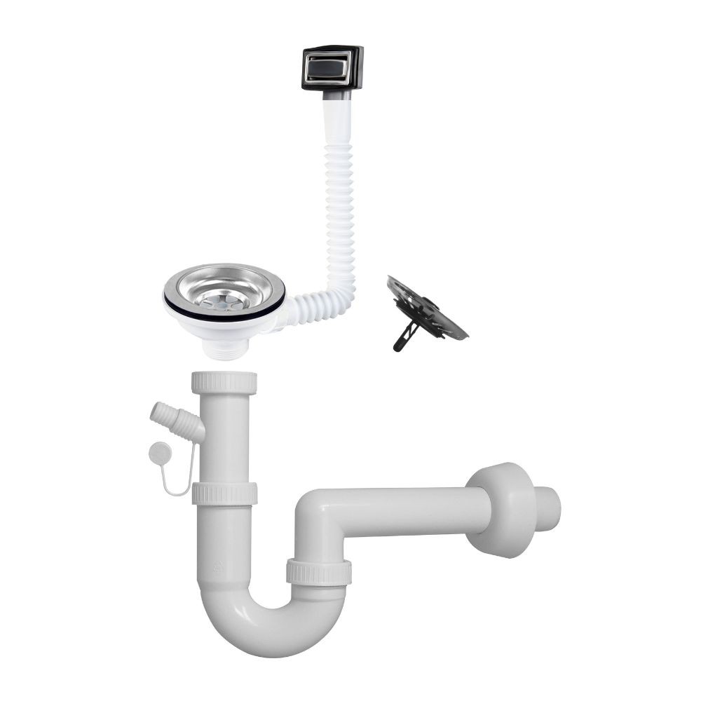 Sifone lavello a quarzo 1 via attacco 1” ½ con pilettone ECO troppopieno rettangolare griglia inox SIFONEQUA1V