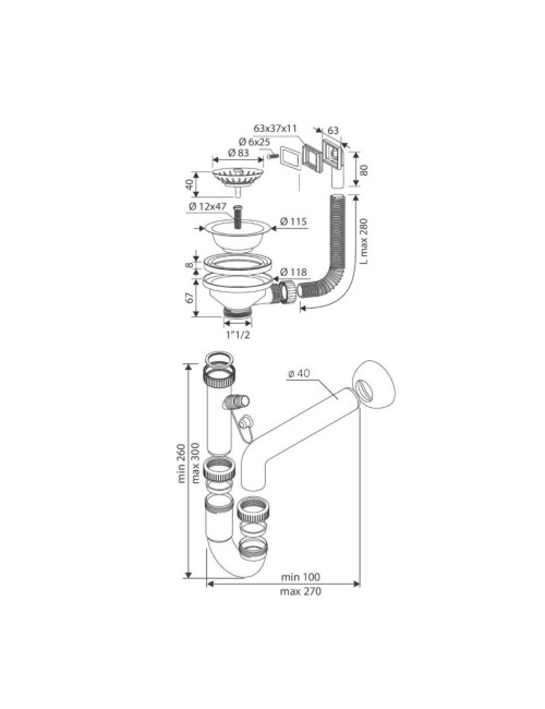 Sifone lavello a quarzo 1 via attacco 1” ½ con pilettone ECO troppopieno rettangolare griglia inox SIFONEQUA1V
