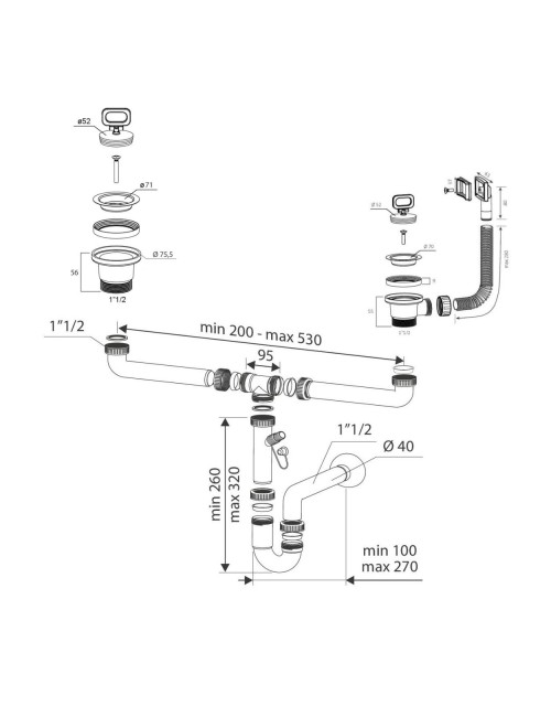 Sifone lavello 2 vie attacco 1” ½ con piletta da 2" e scarico lavastoviglie SIFONE2VCONCEPT