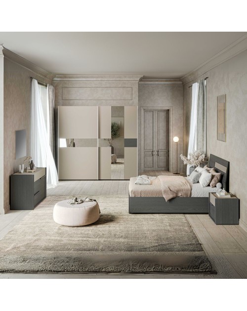 Camera da letto Tania grigio e talco armadio scorrevole con specchi e letto contenitore in legno