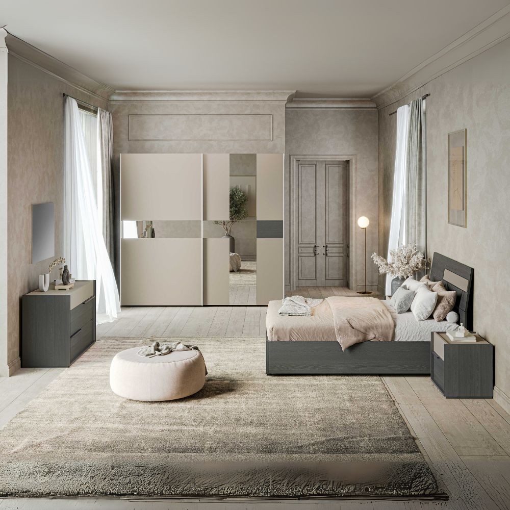 Camera da letto Tania grigio e talco armadio scorrevole con specchi e letto contenitore in legno