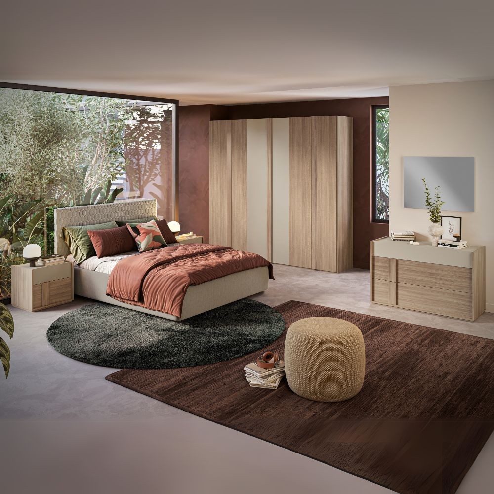 Camera da letto Faba con armadio noce e talco e letto contenitore Parigi