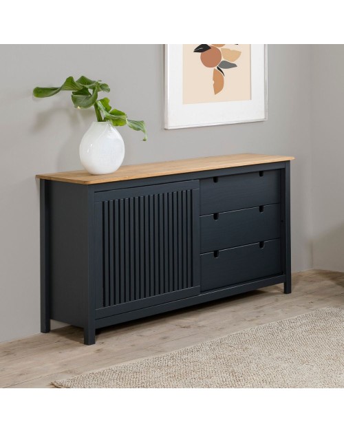 Credenza Bruna in legno massiccio colore grigio antracite e pino 150x40x80H - Anta scorrevole e 3 cassetti