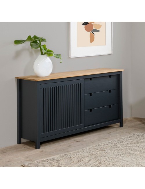 Credenza Bruna in legno massiccio colore grigio antracite e pino 150x40x80H - Anta scorrevole e 3 cassetti