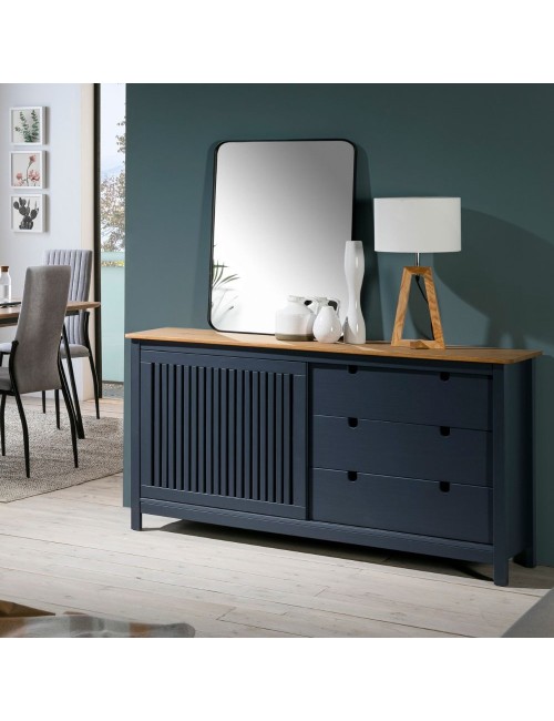 Credenza Bruna in legno massiccio colore grigio antracite e pino 150x40x80H - Anta scorrevole e 3 cassetti