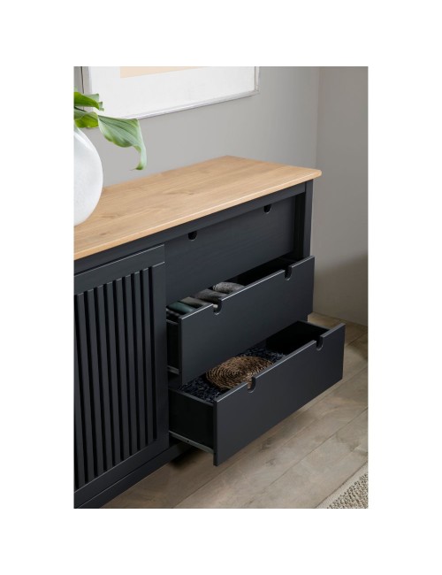 Credenza Bruna in legno massiccio colore grigio antracite e pino 150x40x80H - Anta scorrevole e 3 cassetti