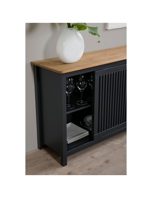 Credenza Bruna in legno massiccio colore grigio antracite e pino 150x40x80H - Anta scorrevole e 3 cassetti