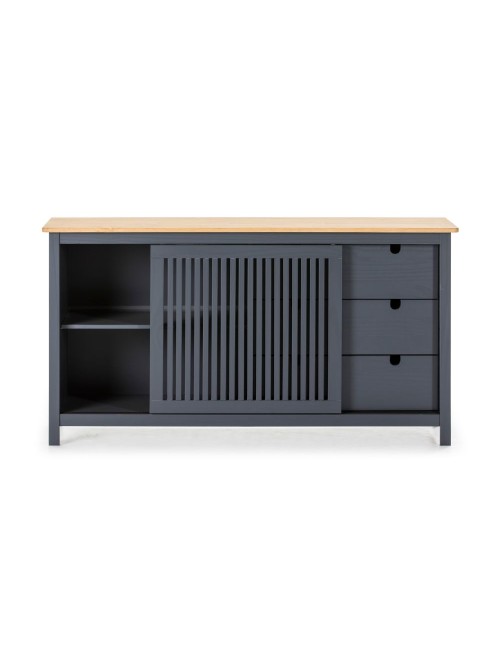 Credenza Bruna in legno massiccio colore grigio antracite e pino 150x40x80H - Anta scorrevole e 3 cassetti