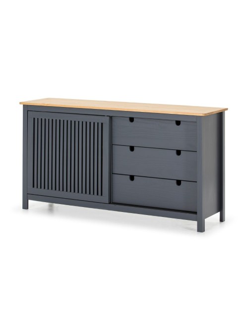 Credenza Bruna in legno massiccio colore grigio antracite e pino 150x40x80H - Anta scorrevole e 3 cassetti
