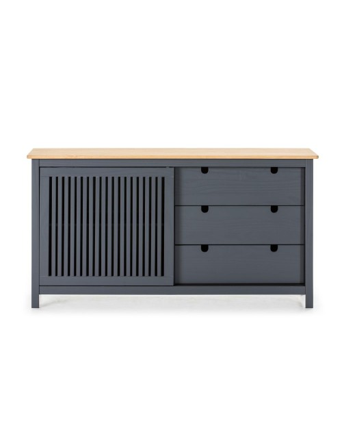 Credenza Bruna in legno massiccio colore grigio antracite e pino 150x40x80H - Anta scorrevole e 3 cassetti