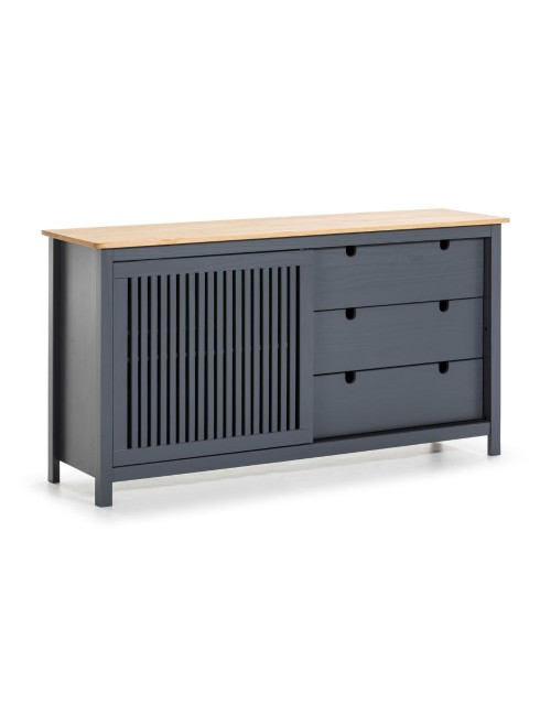 Credenza Bruna in legno massiccio colore grigio antracite e pino 150x40x80H - Anta scorrevole e 3 cassetti