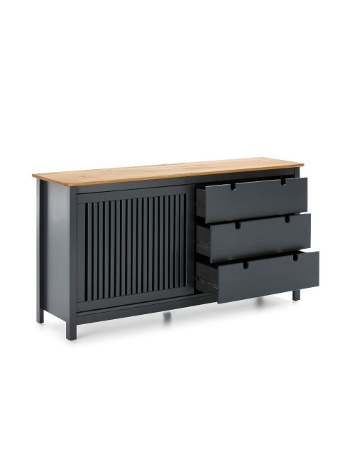 Credenza Bruna in legno massiccio colore grigio antracite e pino 150x40x80H - Anta scorrevole e 3 cassetti