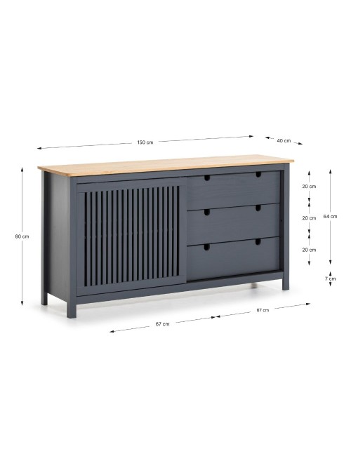 Credenza Bruna in legno massiccio colore grigio antracite e pino 150x40x80H - Anta scorrevole e 3 cassetti