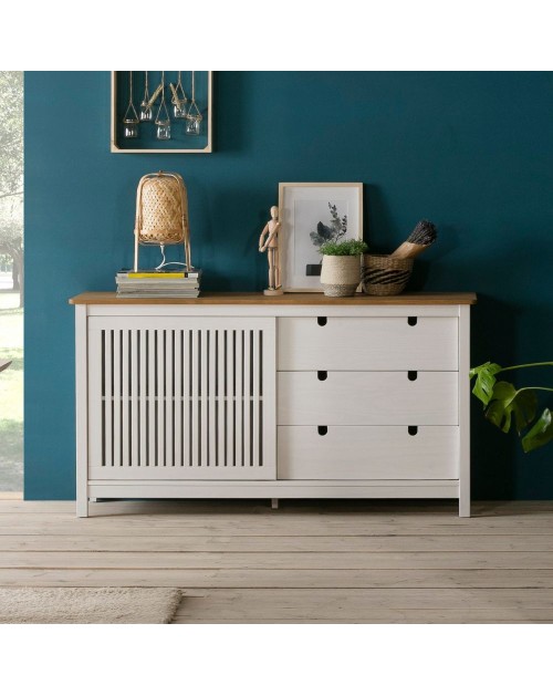 Credenza Bruna in legno massiccio colore bianco e pino 150x40x80H - Anta scorrevole e 3 cassetti