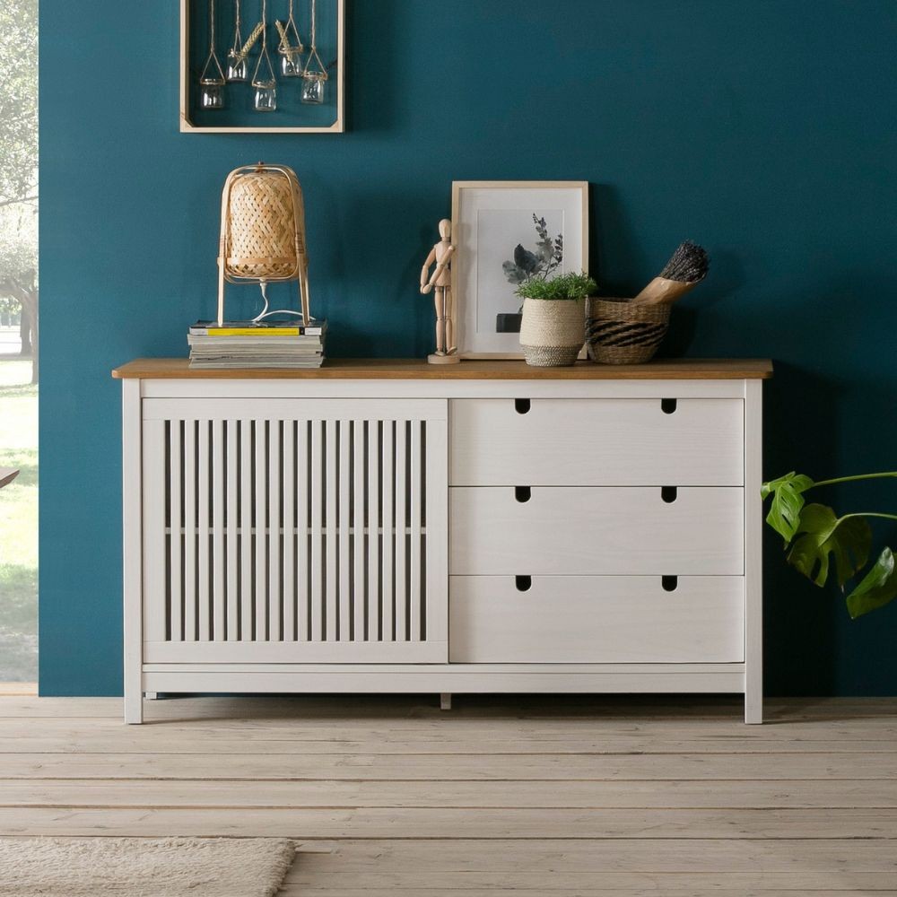 Credenza Bruna in legno massiccio colore bianco e pino 150x40x80H - Anta scorrevole e 3 cassetti