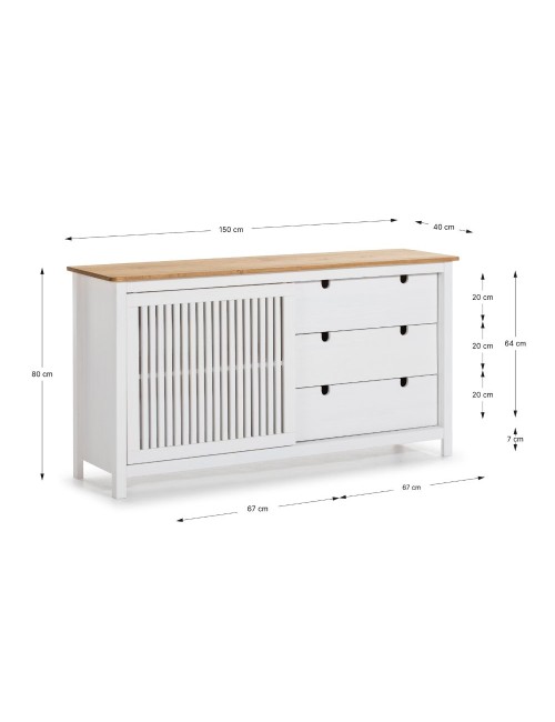 Credenza Bruna in legno massiccio colore bianco e pino 150x40x80H - Anta scorrevole e 3 cassetti