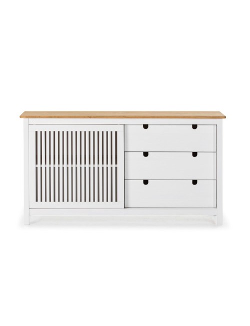 Credenza Bruna in legno massiccio colore bianco e pino 150x40x80H - Anta scorrevole e 3 cassetti