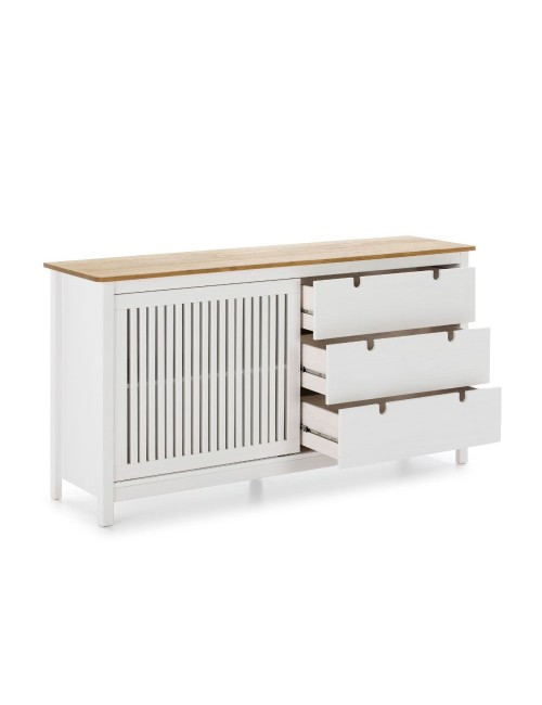 Credenza Bruna in legno massiccio colore bianco e pino 150x40x80H - Anta scorrevole e 3 cassetti