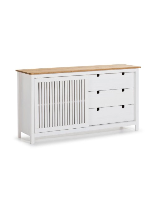 Credenza Bruna in legno massiccio colore bianco e pino 150x40x80H - Anta scorrevole e 3 cassetti