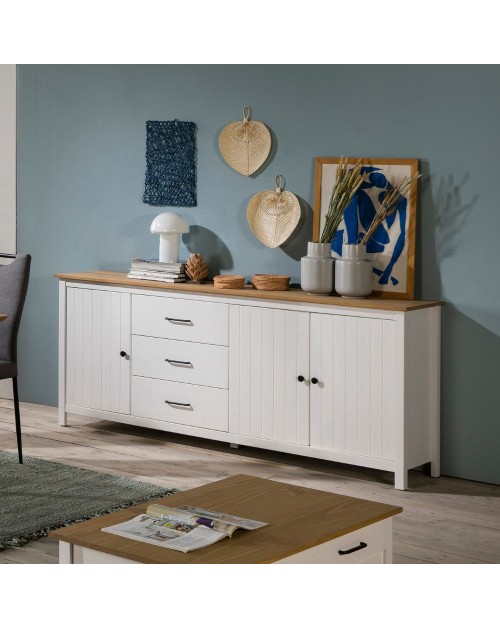 Credenza Miranda in legno massiccio colore bianco e pino 191x40x80H - 3 Ante e 3 cassetti