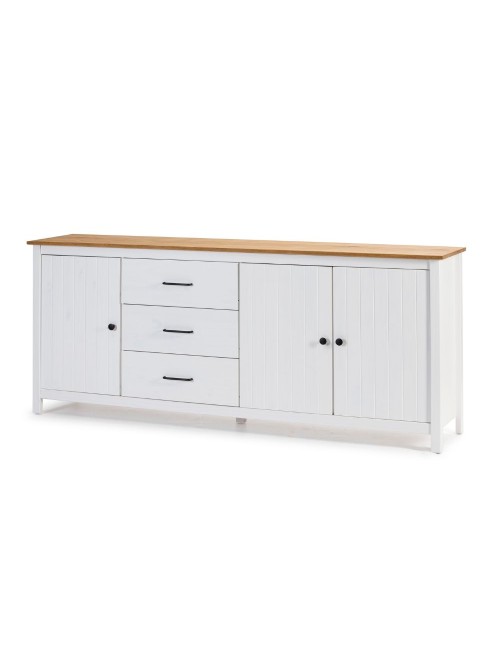 Credenza Miranda in legno massiccio colore bianco e pino 191x40x80H - 3 Ante e 3 cassetti