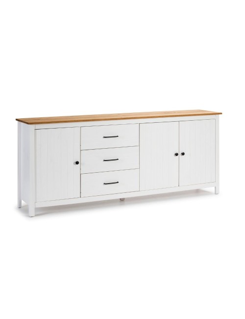 Credenza Miranda in legno massiccio colore bianco e pino 191x40x80H - 3 Ante e 3 cassetti
