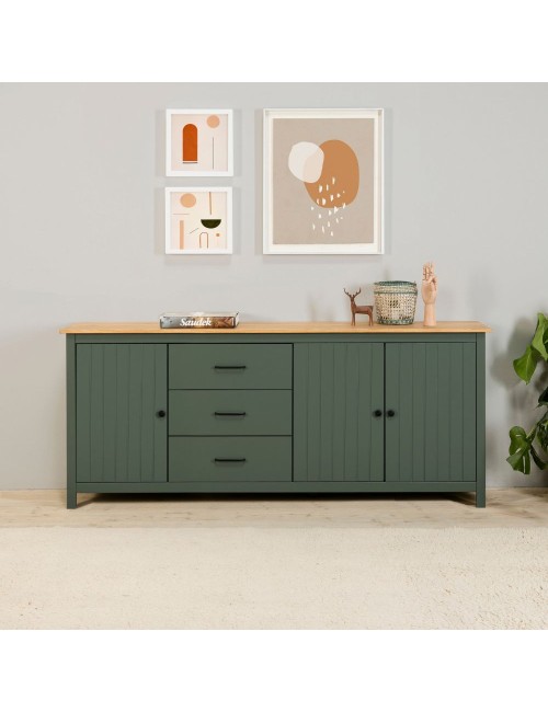 Credenza Miranda in legno massiccio colore verde e pino 191x40x80H - 3 Ante e 3 cassetti