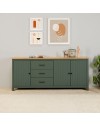 Credenza Miranda in legno massiccio colore verde e pino 191x40x80H - 3 Ante e 3 cassetti