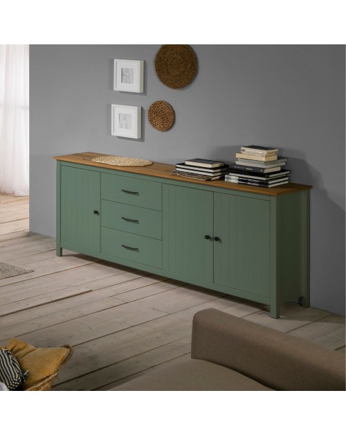 Credenza Miranda in legno massiccio colore verde e pino 191x40x80H - 3 Ante e 3 cassetti