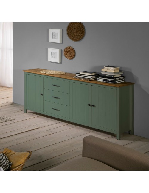 Credenza Miranda in legno massiccio colore verde e pino 191x40x80H - 3 Ante e 3 cassetti