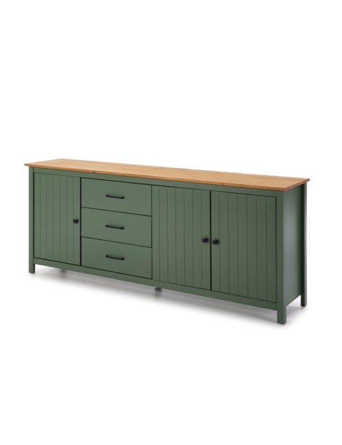 Credenza Miranda in legno massiccio colore verde e pino 191x40x80H - 3 Ante e 3 cassetti