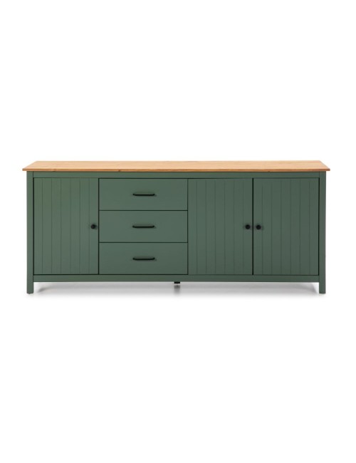 Credenza Miranda in legno massiccio colore verde e pino 191x40x80H - 3 Ante e 3 cassetti