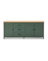 Credenza Miranda in legno massiccio colore verde e pino 191x40x80H - 3 Ante e 3 cassetti