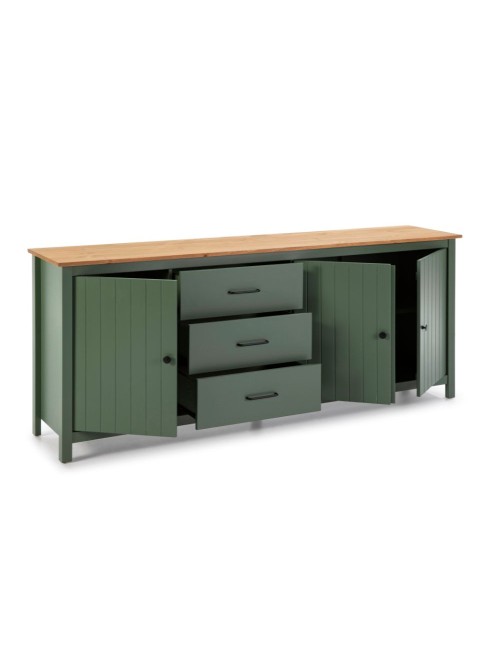 Credenza Miranda in legno massiccio colore verde e pino 191x40x80H - 3 Ante e 3 cassetti