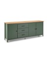 Credenza Miranda in legno massiccio colore verde e pino 191x40x80H - 3 Ante e 3 cassetti